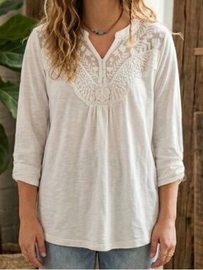 Style & Co Embroidered Voile Black Boho Relaxed 3/4 Sleeve White Top Size XL